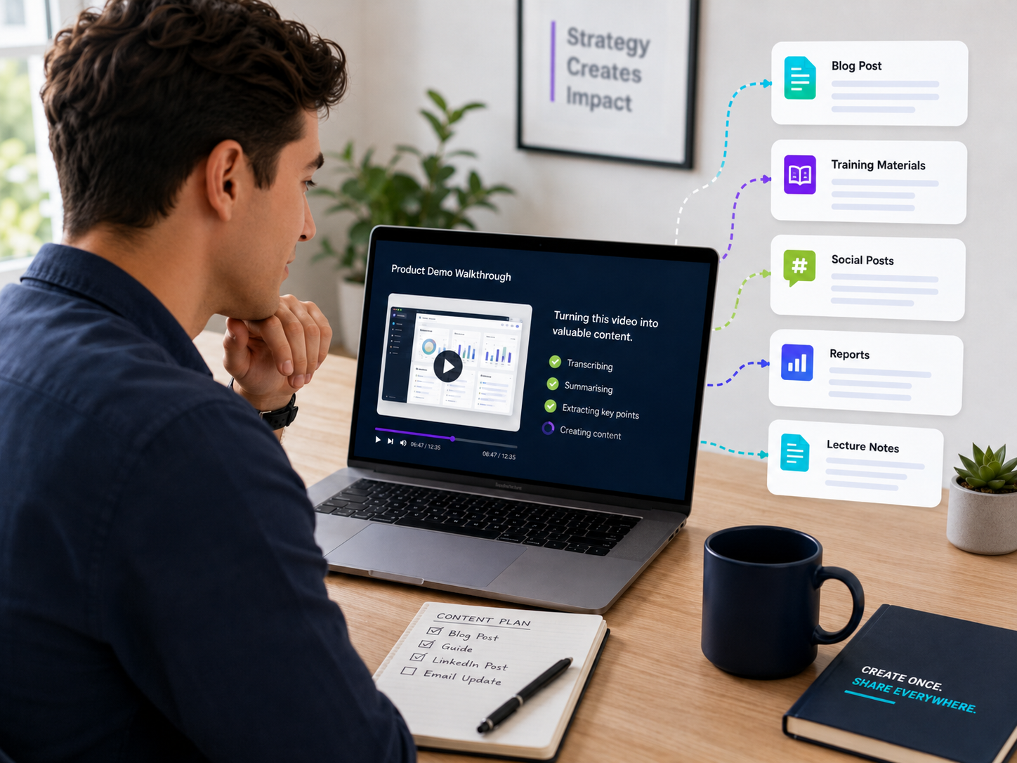 A recorded product demo being turned automatically into a blog post, training materials, social posts, reports and notes