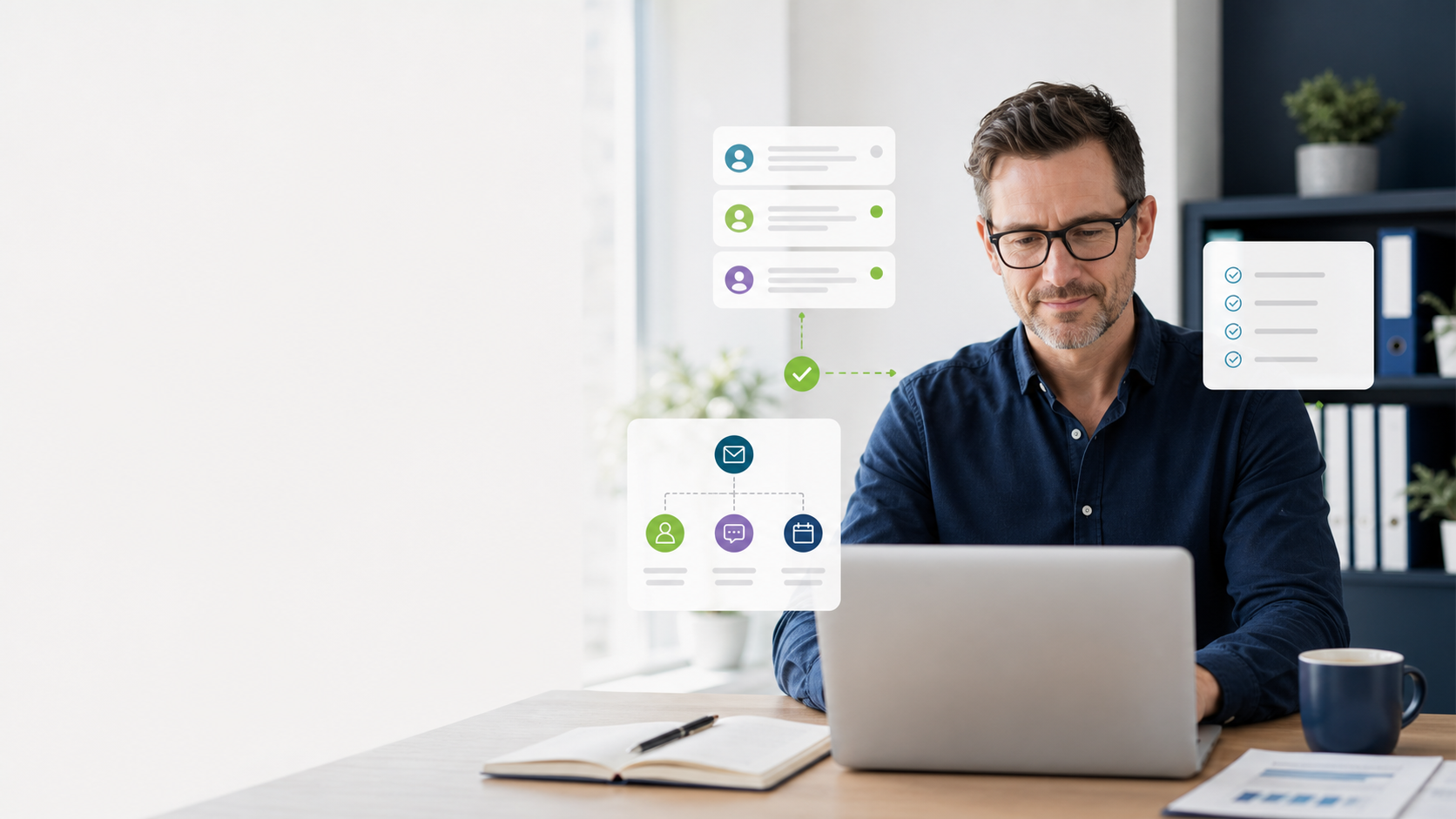 Business owner reviewing organised customer enquiry cards on a laptop in a bright office